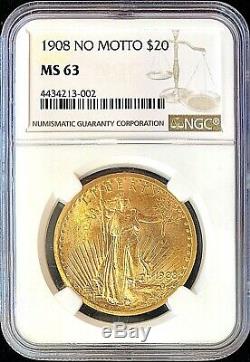 1908 (non Motto) 20 $ American Gold Double Eagle Saint Gaudens Ms63 Ngc Monnaie Pièce