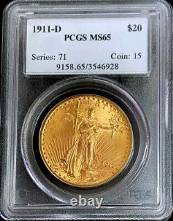 1911 D Nous Or $ 20 Dollar Saint Gaudens Double Eagle Coin Pcgs Mint State 65