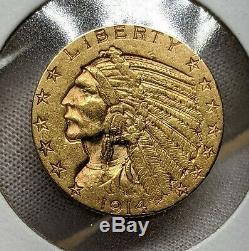 1914-d $ 5 Pièces D'or Indian Half Eagle Pre-33 Raw Us Coin Au Better Date / Monnaie