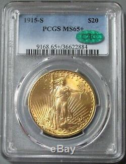 1915 S Or $ 20 Saint Gaudens Double Eagle Coin Gpc Mint Etat 65+ Cac