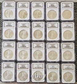 1986-2005 Aigle d'argent américain US $1 MS69 Ensemble de 20 pièces dans une boîte Conditions de menthe