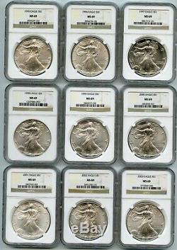 1986 2019 American Eagle 1 Oz Silver Dollar Set Ngc Ms 69 Lot Certifié Rw918