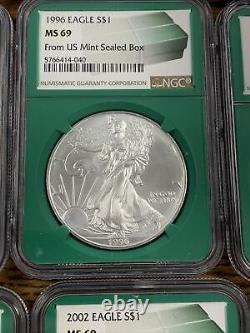 1986-2020 (35) Mine Silver Eagle Set Green Core Ms69 (us Mint Sealed Box) 1996