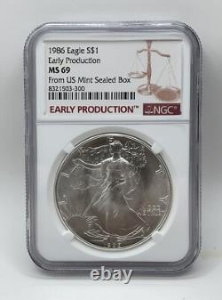 1986 American Silver Eagle Première Année NGC PRODUCTION ANTICIPÉE Boîte Scellée de la Monnaie des États-Unis