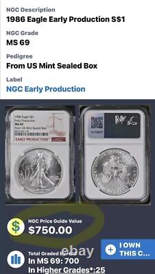 1986 American Silver Eagle Première Année NGC PRODUCTION ANTICIPÉE Boîte Scellée de la Monnaie des États-Unis