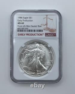 1986 American Silver Eagle Première Année NGC PRODUCTION ANTICIPÉE Boîte Scellée de la Monnaie des États-Unis