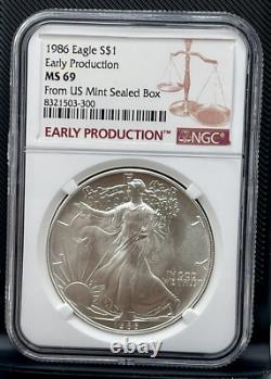 1986 American Silver Eagle Première Année NGC PRODUCTION ANTICIPÉE Boîte Scellée de la Monnaie des États-Unis