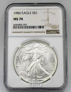 1986 Ngc Ms70 $ 1 Mint État Argent American Eagle 1 Oz. 999 Première Année D'émission Ase