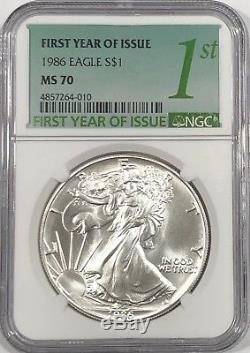 1986 Ngc Ms70 $ 1 Mint State Silver American Eagle 1 Oz 999 Numéro De Première Année