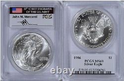 1986 Proof Mercanti Signé American Silver Eagle $1 Pcgs Ms 69 Drapeau Étiquette