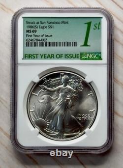 1986 (S) Aigle d’argent NGC MS69 première année d’émission étiquette verte boîte scellée d’origine de la Monnaie