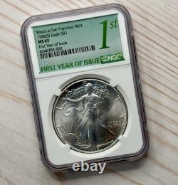 1986 (S) Aigle d’argent NGC MS69 première année d’émission étiquette verte boîte scellée d’origine de la Monnaie