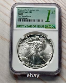 1986 (S) Aigle d’argent NGC MS69 première année d’émission étiquette verte boîte scellée d’origine de la Monnaie