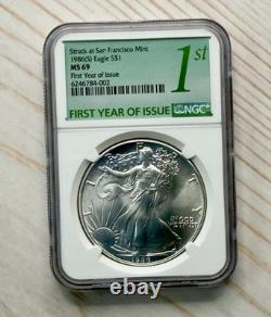 1986 (S) Aigle d’argent NGC MS69 première année d’émission étiquette verte boîte scellée d’origine de la Monnaie