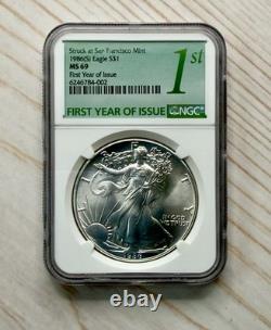 1986 (S) Aigle d’argent NGC MS69 première année d’émission étiquette verte boîte scellée d’origine de la Monnaie