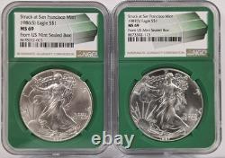 1986 (S) et 1987 (S) Aigles d’argent Green Core S$1 MS69 provenant d’une boîte scellée de l’US Mint