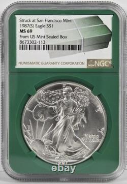 1986 (S) et 1987 (S) Aigles d’argent Green Core S$1 MS69 provenant d’une boîte scellée de l’US Mint