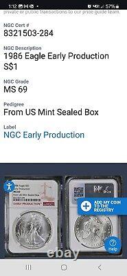 1986 (s) Ms 69 Silver Eagle Ngc Production Précoce Frappé À La Monnaie De San Francisco