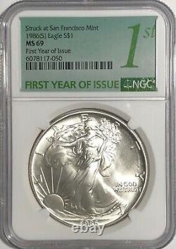 1986(s) Ngc Ms69 $1 Aigle en Argent 1 Oz Première Édition Frappe à San Francisco