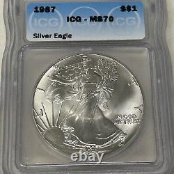 1987 American Silver Eagle ICG MS 70 
<br/> 
<br/> 
 Aigle d'argent américain 1987 ICG MS 70