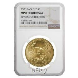 1988 1 Oz 50 $ Or American Eagle Ngc Ms 69 Erreur Mint (rev Frappé Thru)
