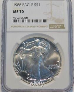 1988 American Silver Eagle Ngc Ms70 Blanc Brillant Frais Et Nouveau Titulaire