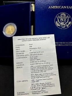 1988 P $5 Gold American Eagle Proof 1/10 Oz Coffret Collecteur Coa Us Mint