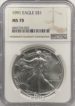1991 Ngc Ms70 Silver American Eagle Mint État 1 Oz. 999 Lingots Fins