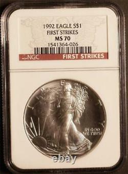 1992 $1 1 Oz. Mint State American Silver Eagle Ngc Ms 70 Premières Grèves Pop 66