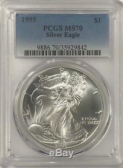 1995 Pcgs Ms70 Silver American Eagle État Mint 1 Oz. 999 Lingots Fins