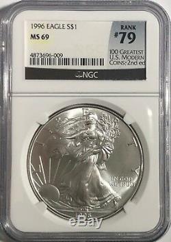 1996 Ngc Ms69 Silver Eagle Mint État 1 Oz. 999 Fine Bullion 100 Plus Grand Label