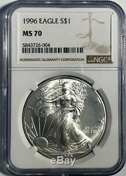 1996 Ngc Ms70 Argent American Eagle Mint État 1 Oz. 999 Beaux Bullion