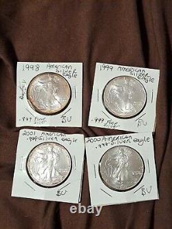 1998, 1999, 2000, 2001 Aigle d'argent américain 1oz Dollars (4) Lot Rare Bu? Toning
