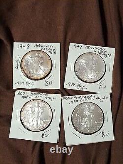 1998, 1999, 2000, 2001 Aigle d'argent américain 1oz Dollars (4) Lot Rare Bu? Toning