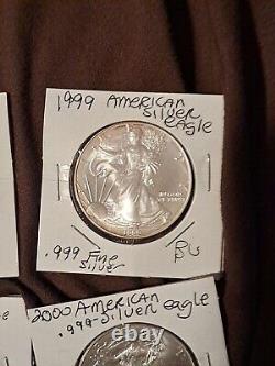 1998, 1999, 2000, 2001 Aigle d'argent américain 1oz Dollars (4) Lot Rare Bu? Toning
