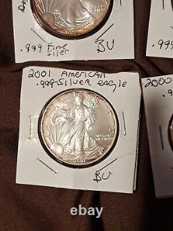 1998, 1999, 2000, 2001 Aigle d'argent américain 1oz Dollars (4) Lot Rare Bu? Toning