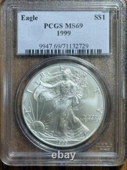 1999 AIGLE D’ARGENT AMÉRICAIN ? 1 $ PCGS MS69 Pièce originale