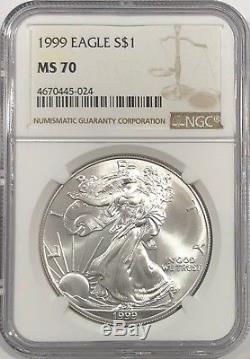1999 Ngc Ms70 $ 1 Argent American Eagle Mint State 1 Oz. 999 Beaux Lingots Pop 246