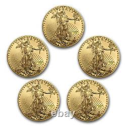 1 Oz American Gold Eagle $50 Coin Bu Random Year Us Mint Lot Of 5