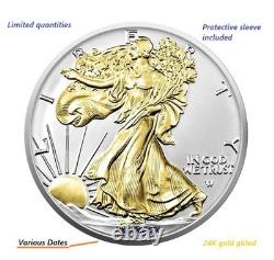 1 oz- AIGLE D’ARGENT AMÉRICAIN $1 (BU) / plaqué or 24 carats + sous capsule (dates différentes)