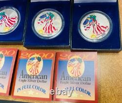 2000 Lot de 4 1oz American Silver Eagle colorisées dans une boîte avec certificat d'authenticité