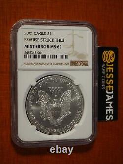 2001 $1 American Silver Eagle Ngc Mint Erreur Ms69 Inverser Struck Thru