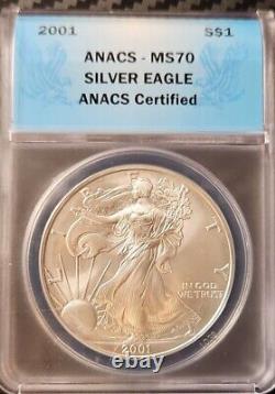 2001 Aigle d'Argent Ms70 Anacs S$1 Date Rare Faible Tirage Étiquette Bleue État de la Monnaie 70