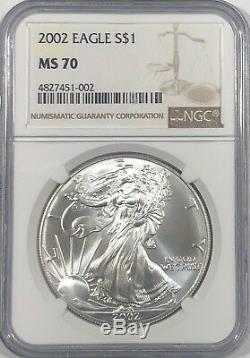 2002 Ngc Ms70 Silver American Eagle Mint State 1 Oz. 999 Lingots Fins