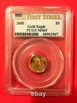 2005 Denth Oz Gold American $5 Pièce Eagle- Pcgs Ms69 Mint First Strike