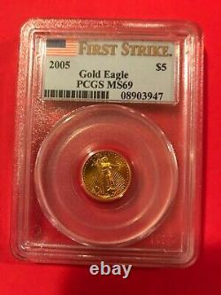 2005 Denth Oz Gold American $5 Pièce Eagle- Pcgs Ms69 Mint First Strike