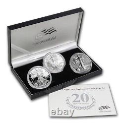 2006 Silver American Eagle 20th Anniversary 3 Coin Set- Avec Box & Cao Free Ship