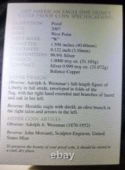 2007-W 1 $ American Eagle en argent DCAM Proof (PR-70 estimé) emballage officiel de la Monnaie des États-Unis et COA