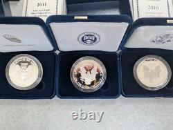 2010-2012 W US Mint American Eagle Pièces en Argent Proof d'un Ounce COA, Boîte, 3 OZT