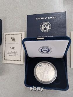 2010-2012 W US Mint American Eagle Pièces en Argent Proof d'un Ounce COA, Boîte, 3 OZT